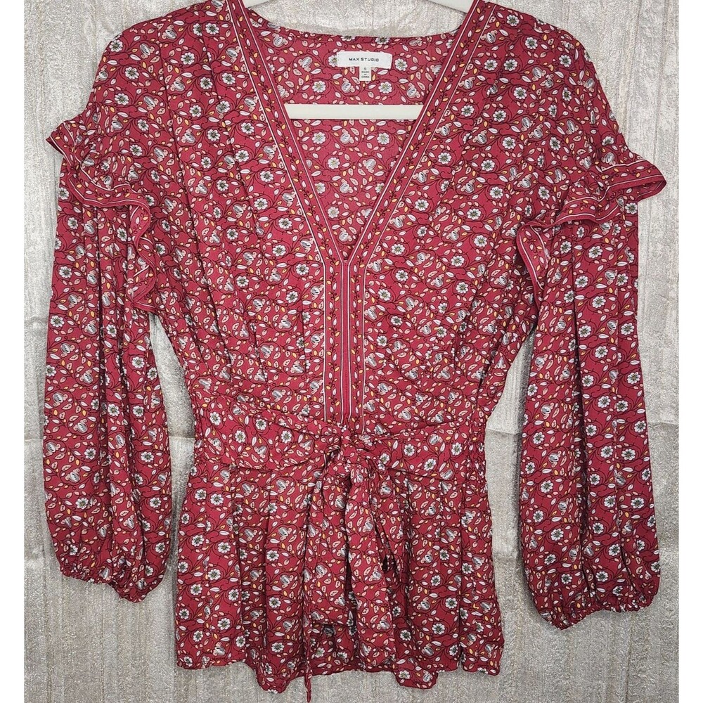Max Studio Red Floral Sheer Blouse Small Cottagecore Ruffle Bell Sleeve Tie Back